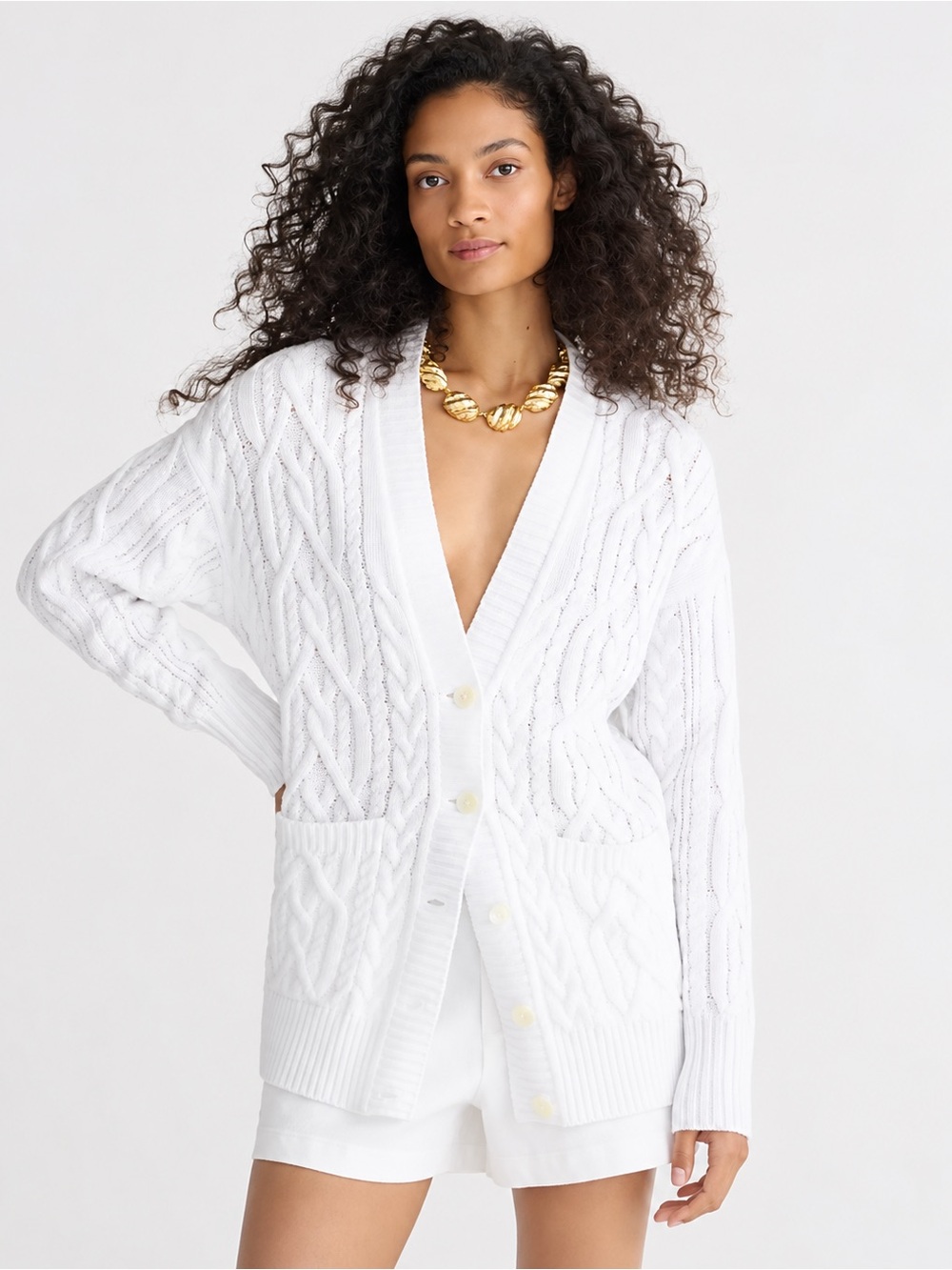 J.Crew Cable-Knit Cardigan White Cotton V-Neck Button Front Pockets Size S